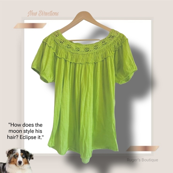 🌿New Directions Women's XL Avocado Green Lace Cut Crew Neck Puff Sleeve-Cute!! - Picture 9 of 10